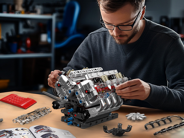 Mould King 10171 V8 Engine Building Blocks Sets - 487+ PCS STEM Building Toys with Motor