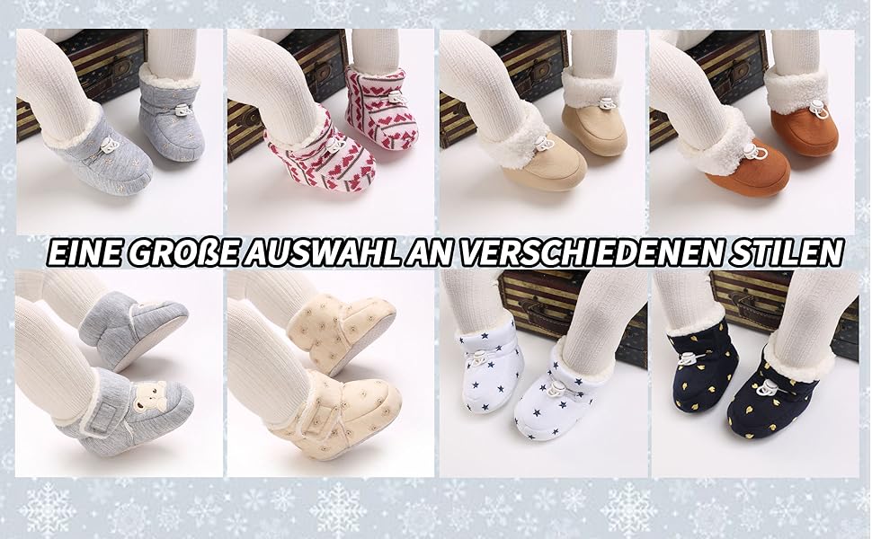 Text reads 'EINE GROSSE AUSWAHL AN VERSCHIEDENEN STILEN'. Grid display of various baby booties or slippers in different colors and patterns.