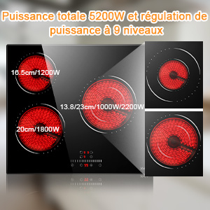 Hobsir Plaque Vitrocéramique, Plaque De Cuisson Vitrocéramique 3 Feux, Table De Cuisson Vitrocéramique 5200W, 9 Niveaux De Puissance, Encastrable, Pas De Prise,Surface En Verre Noir, Facile à Nettoyer 12 plaque de cussion vitrocéramique