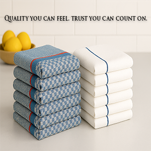 Stack of white and blue patterned flat weave kitchen towels made from 100% cotton