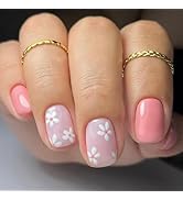 Pink Press on Nails Short Square Fake Nails Pink Full Cover Artificial False Nails with Floral De...