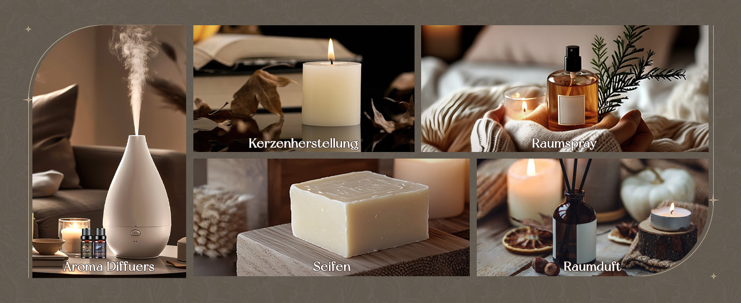 Sammlung von Spa- und Wellnessbildern, die brennende Kerzen, Massagesteine und dekorative Elemente in warmer Umgebungsbeleuchtung zeigen.