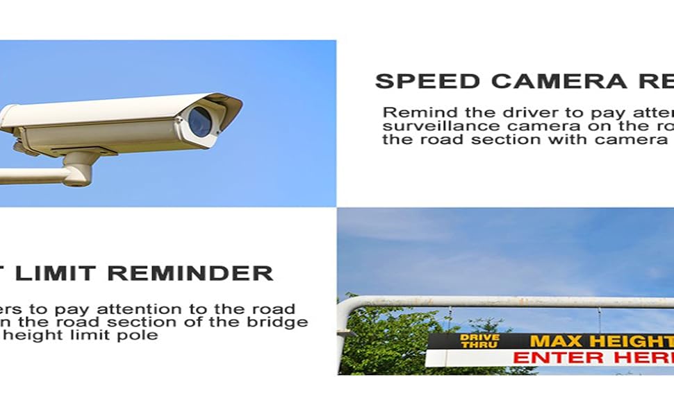 Two traffic signs: a speed camera reminder with image of camera, and a height limit reminder sign with truck silhouette.