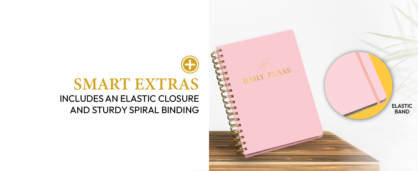 Keep your pages in place with a built-in elastic band and durable spiral wire