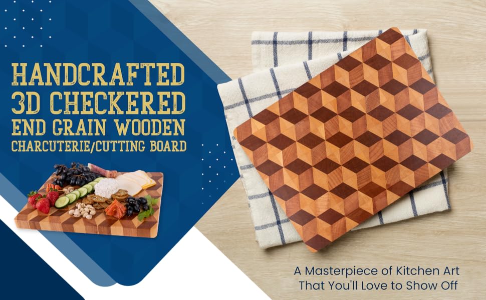 Handcrafted 3D checkered end grain wooden charcuterie/cutting board