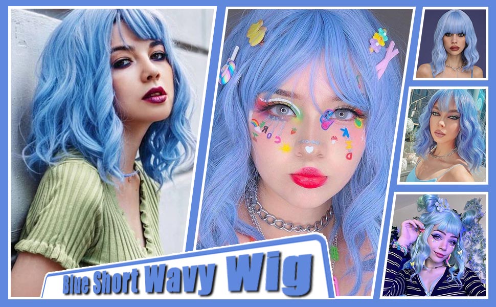andromeda Blue Wavy Wig with Bangs Soft Short Bob Wigs for