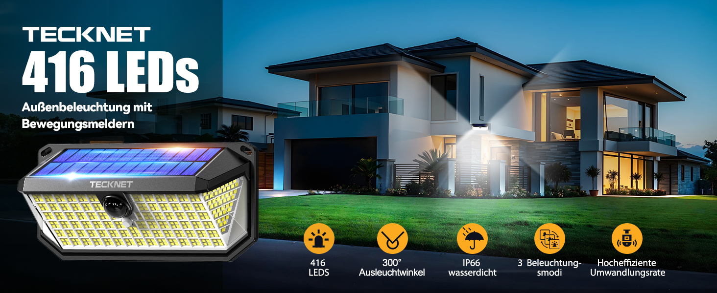 Der Text lautet „TECHNET 416 LEDS“. Das Produktbild der Solar-Sicherheitsleuchte zeigt ein modernes Haus bei Nacht mit beleuchteten Elementen und fünf Symbolanzeigen unten.