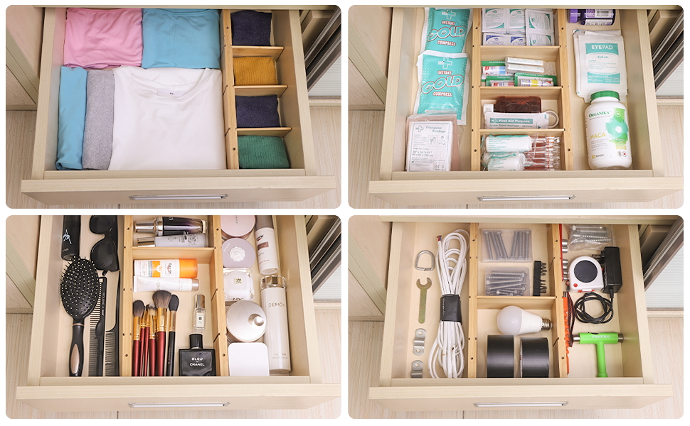 Cyfaza Bamboo Drawer Dividers with Inserts, Kitchen Adjustable Drawer