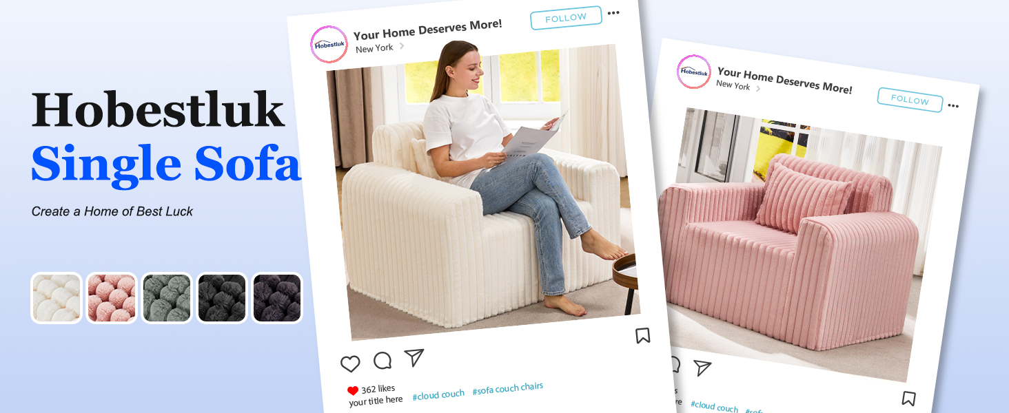 Hobestluk Single Sofa Foam Couch Sofa for Small Spaces Comfy Sofas with Removable Cover Furry Couch with Pillows for Living Room, Bedroom, Apartment, Office (White, Standard) 10 Hobestluk single sofa chair pairs with pillows