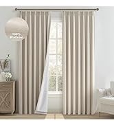 Topfinel 100% Blackout Curtains for Bedroom 84 Inches Long,Textured Beige Pinch Pleated Linen Bla...