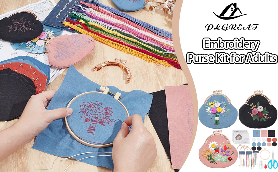 Embroidery crafting setup showing hoops, colorful threads, and fabric pieces. Multiple completed floral embroidery designs displayed in hoops.