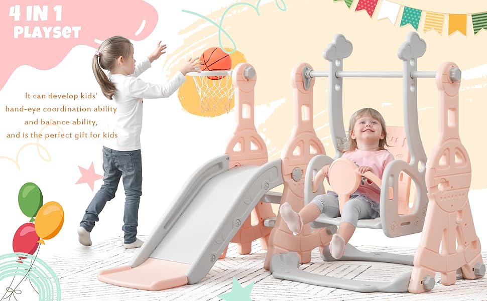 Merax 4in1 Toddler Slide, Indoor Slide and Swing Set for