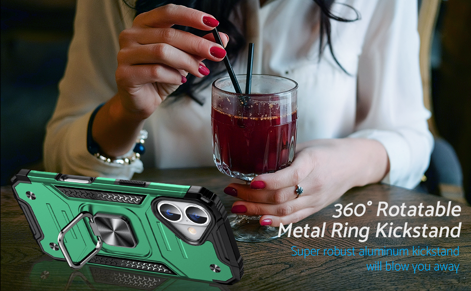 Green smartphone case with metal ring kickstand. Text indicates 360° rotatable feature. Person holding red beverage in background.