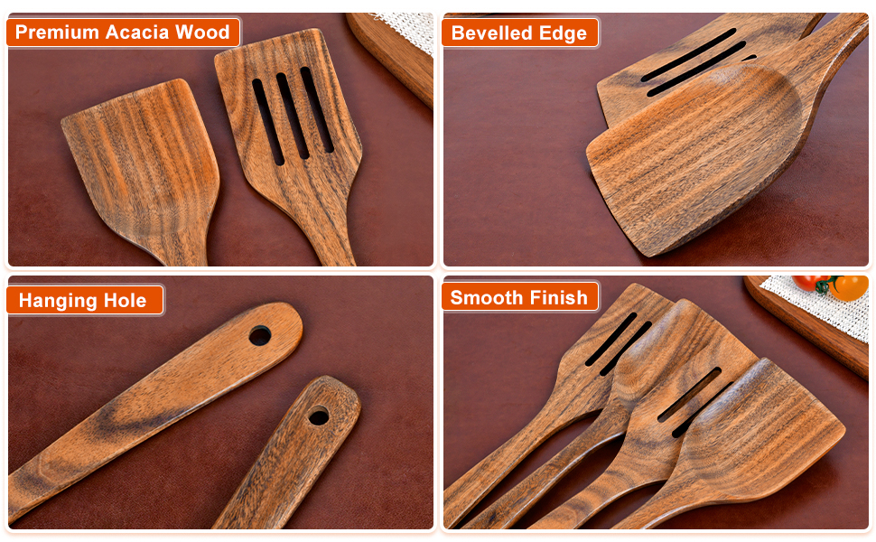 spatula with hanging hole, beveled edge and long handle