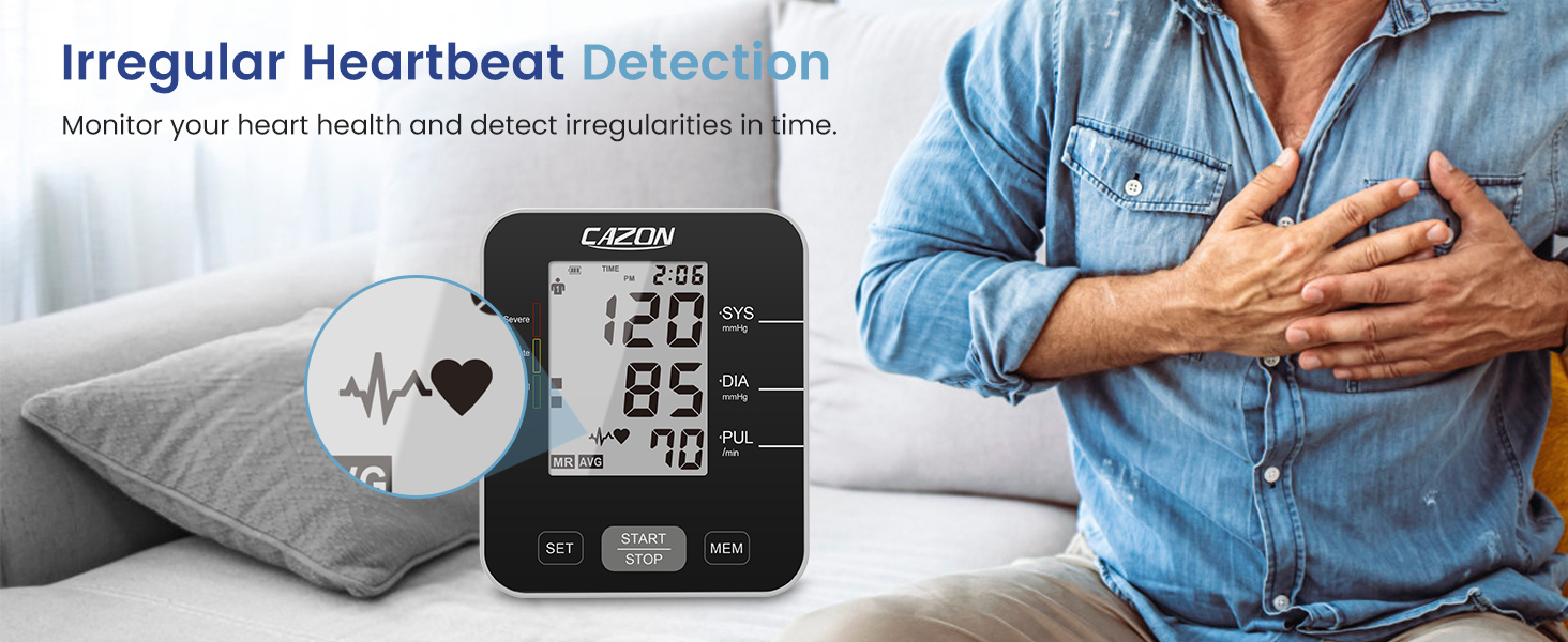 Blood pressure monitor displaying heart rate and blood pressure readings, with irregular heartbeat detection feature highlighted. Image includes person clutching chest.