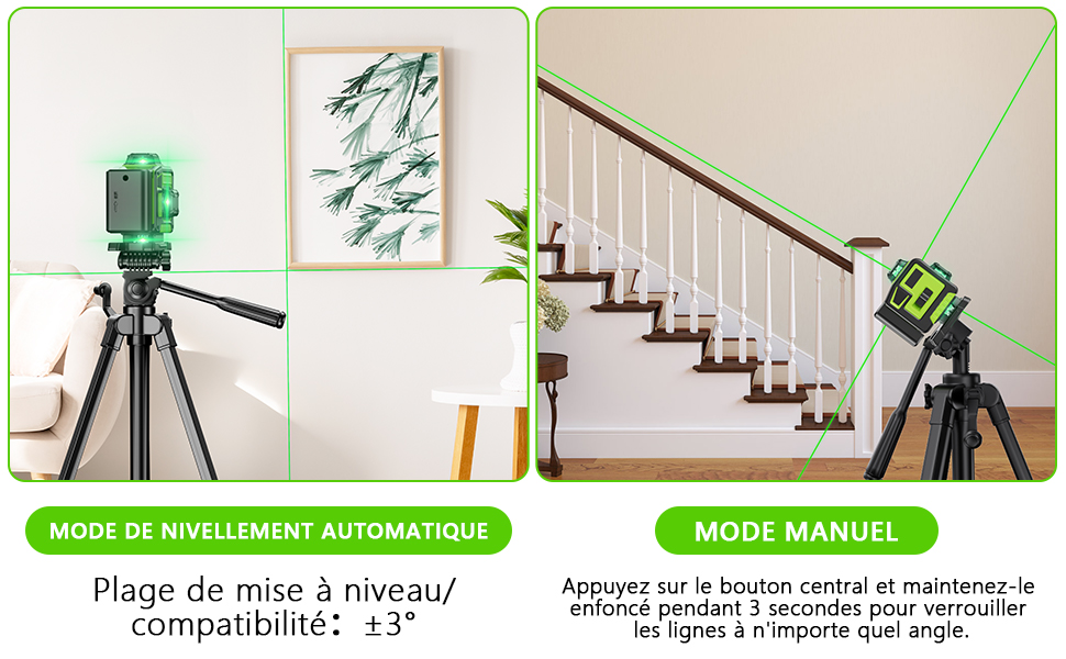 Appareil de nivellement laser vert présenté en deux modes : mise à niveau automatique sur trépied et mode manuel sur les escaliers. L'appareil projette des lignes laser vertes pour l'alignement.