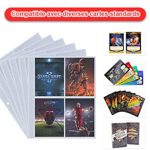 Assortiment de pochettes pour cartes à collectionner et de pages de protection. Différents formats et styles sont présentés, y compris des pages à poches multiples et des porte-cartes individuels