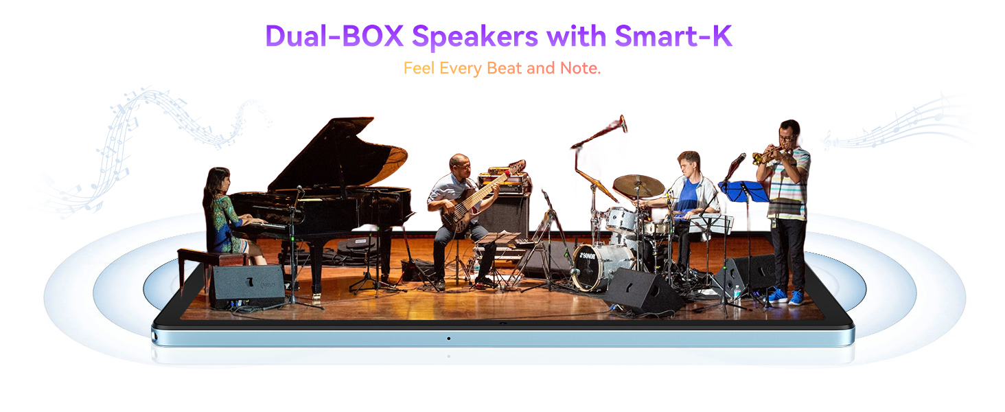 Dual-BOX Speakers with Smart-K featuring a stage setup with piano, drums, and musicians on a platform surrounded by sound wave graphics.