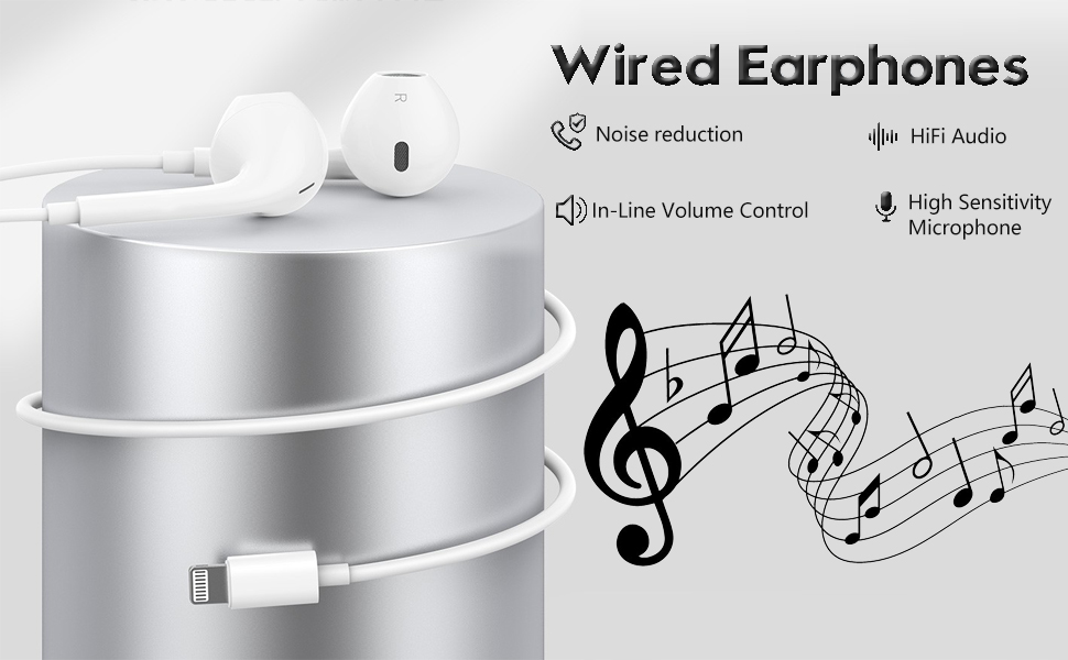 iPhone Wired Headphones with Lightning, [MFi Certified] InEar Earbud