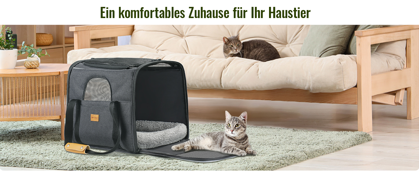 Zusammenklappbare Tragetasche oder Transportbox für Haustiere in Schwarz mit Netzeinsätzen, positioniert auf einem Teppich in der Nähe einer beigen Couch. Zwei Katzen sind in der Szene sichtbar