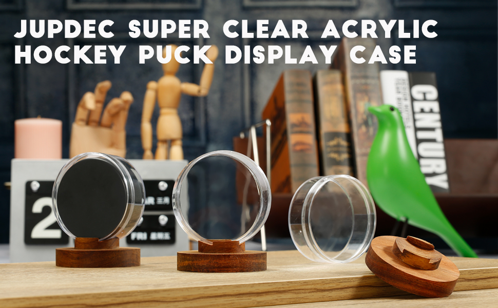 JupDec Hockey Puck Display Case Acrylic Clear Holder with Wood Base, Autograph