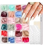 24 Colors Press on Nails Coffin Fake Nails Medium False Nails Pure Color Glue on Nails Glossy Reu...