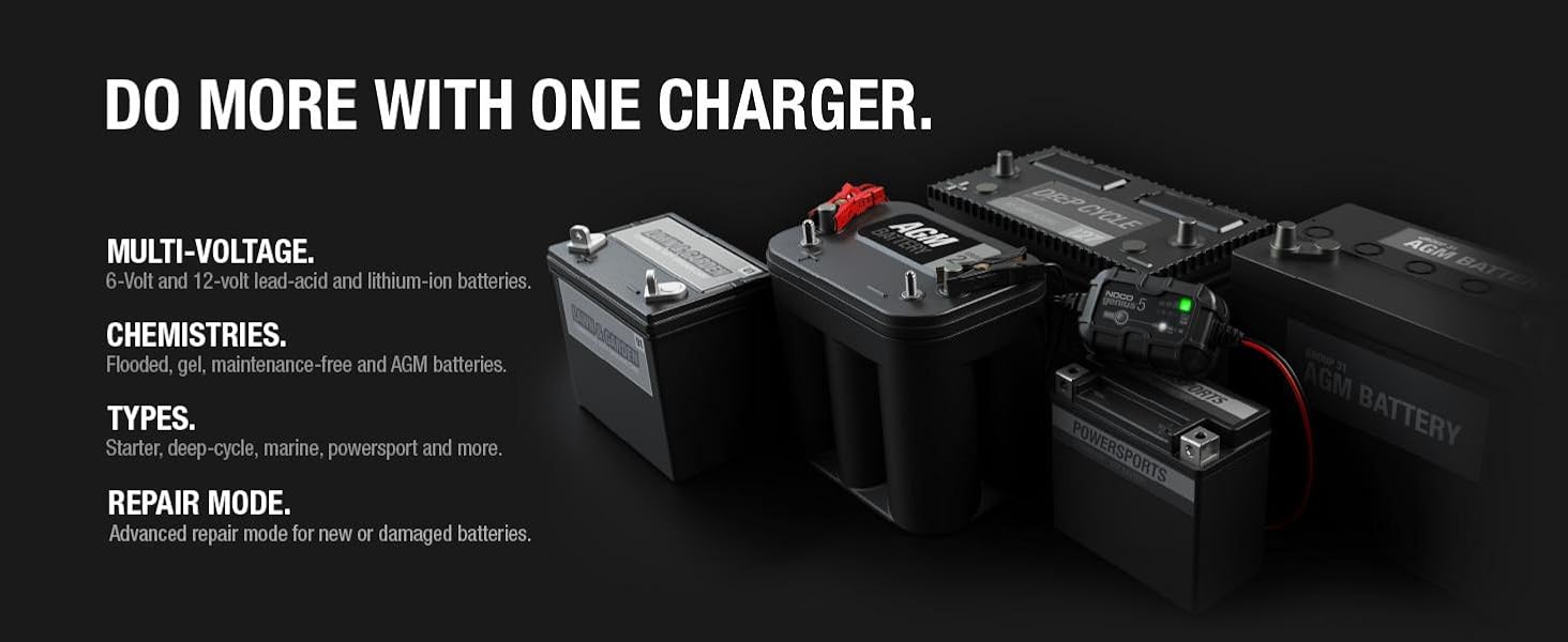 GENIUS5, 6V, 12V, charger, maintainer, desulfator, lead-acid batteries, 120 amp-hours, repair mode