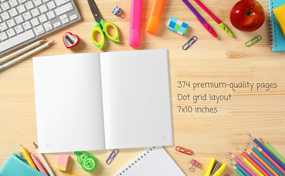 374 Premium quality pages. Dot grid layout. 7 by 10 inches
