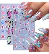 3 Sheets Butterfly Wings Nail Art Stickers 5D Embossed Colorful Butterfly Lily Flower Hibiscus Fl...