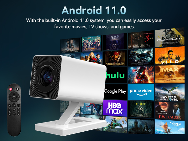 White compact streaming device with remote control, displaying Android 11.0 interface with multiple streaming service logos and content thumbnails.