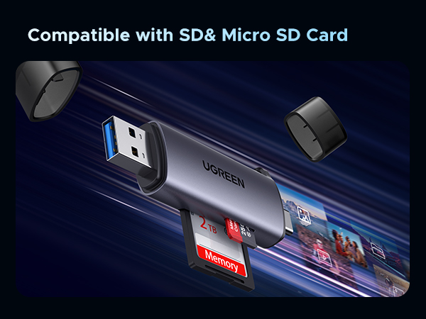 USB card reader device shown with SD and microSD card compatibility, featuring a sleek dark design against blue background.