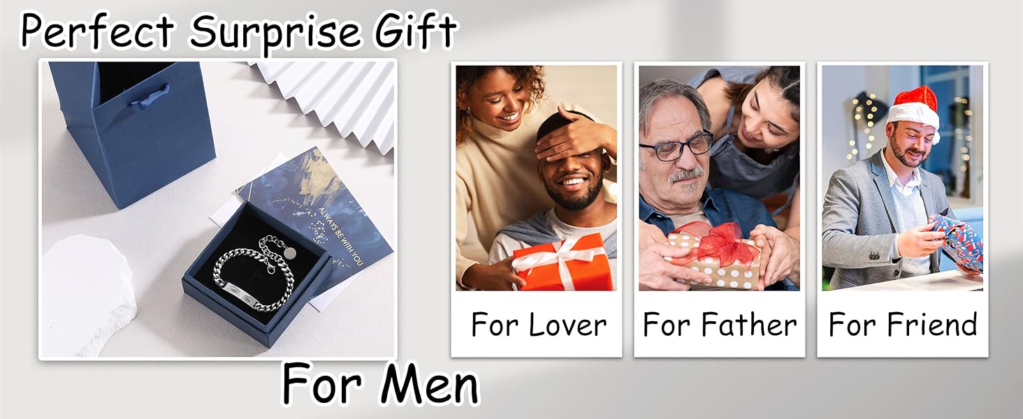Text reads 'Perfect Surprise Gift' and 'For Men', 'For Lover', 'For Father', 'For Friend'. Split image showing gift box with jewelry and family photos.