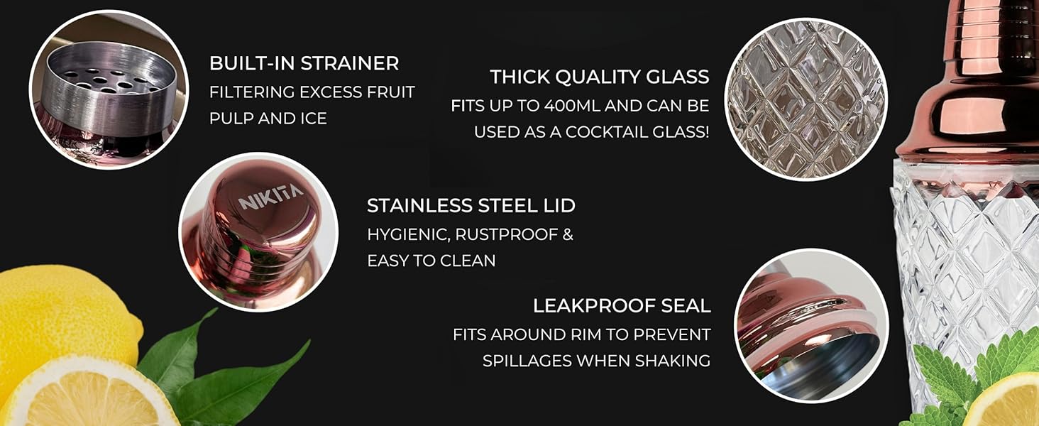 Cocktail shaker glass with rose gold accents, a stylish choice for cocktail making at home