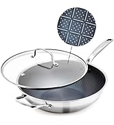 Blue Diamond Hybrid Nonstick Stainless Steel 12” Wok with Lid, PFAS-Free Ceramic Diamond Surface ...