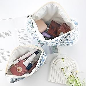 blue quilted maekup bag