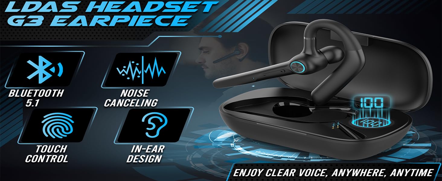 LDAS Bluetooth Headset G3 V5.1 Single Ear, 24 Hrs Talk time earpiece
