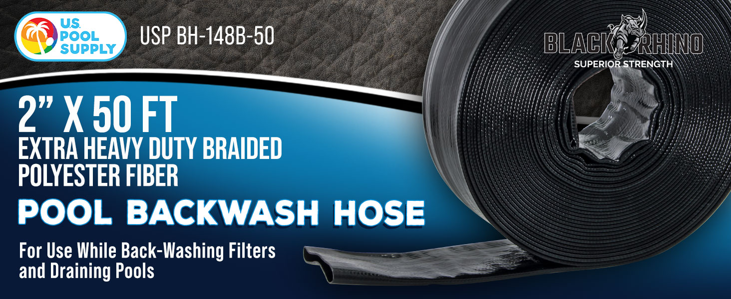 U.S. Pool Supply 2'' x 50' Black Rhino backwash hose, extra heavy-duty, burst-resistant, with clamp