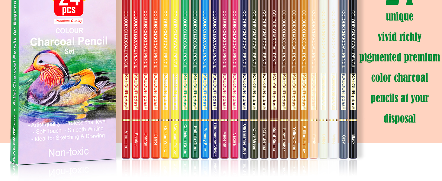KALOUR PDAS 24 Premium Colored Charcoal Pencils Drawing Set, Quality