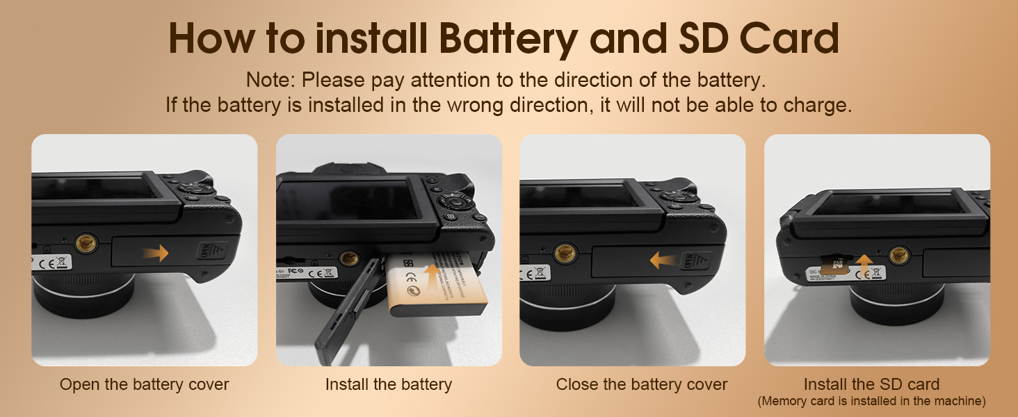 Der Text lautet „So installieren Sie den Akku und die SD-Karte“. Anleitungsdiagramm mit nummerierten Abbildungen, das mehrere Schritte zur Installation von Komponenten in ein Gerät zeigt.