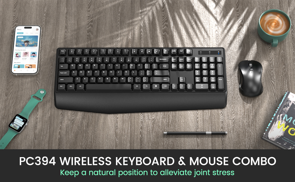 Wireless Keyboard and Mouse Combo, 2.4G FullSized Ergonomic Computer Keyboard with