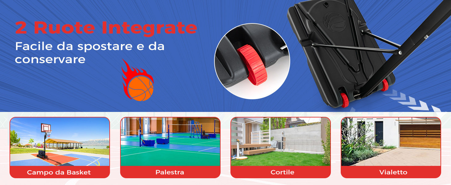 Attrezzatura sportiva portatile con ruote integrate. Sono mostrati molteplici casi d'uso: campo da tennis, piscina, palestra e aree esterne.
