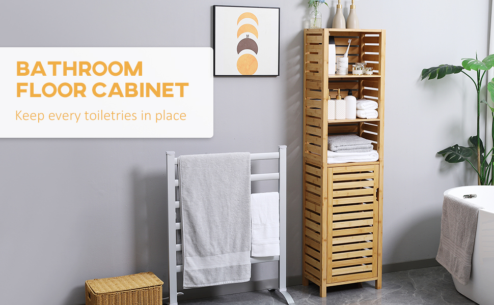 kleankin Tall Bathroom Storage with 3 Open Shelves, Slim Bamboo