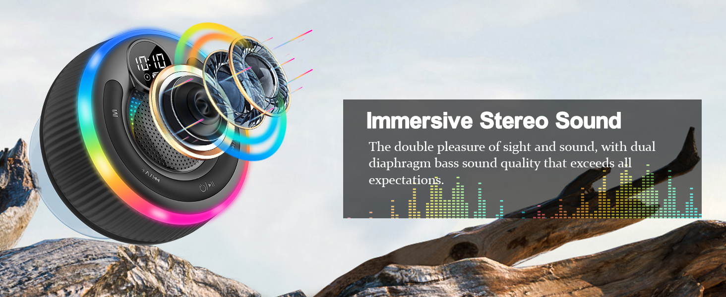 Close-up of a speaker with colorful lighting effects. Text overlay reads 'Immersive Stereo Sound' with a partially visible sound wave graph.