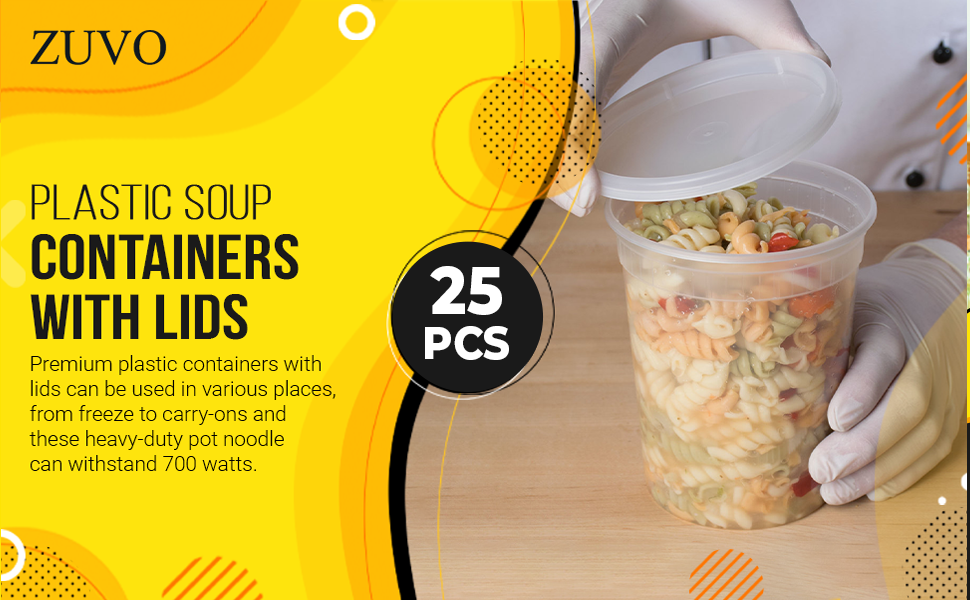 Zuvo Plastic Soup Containers with Lids 32 OZ (24 Pack) Perfect