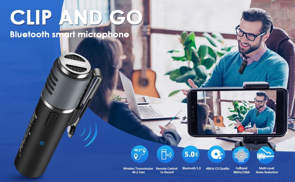 lewinner Wireless Lavalier Microphone Bluetooth 48KHz Lapel