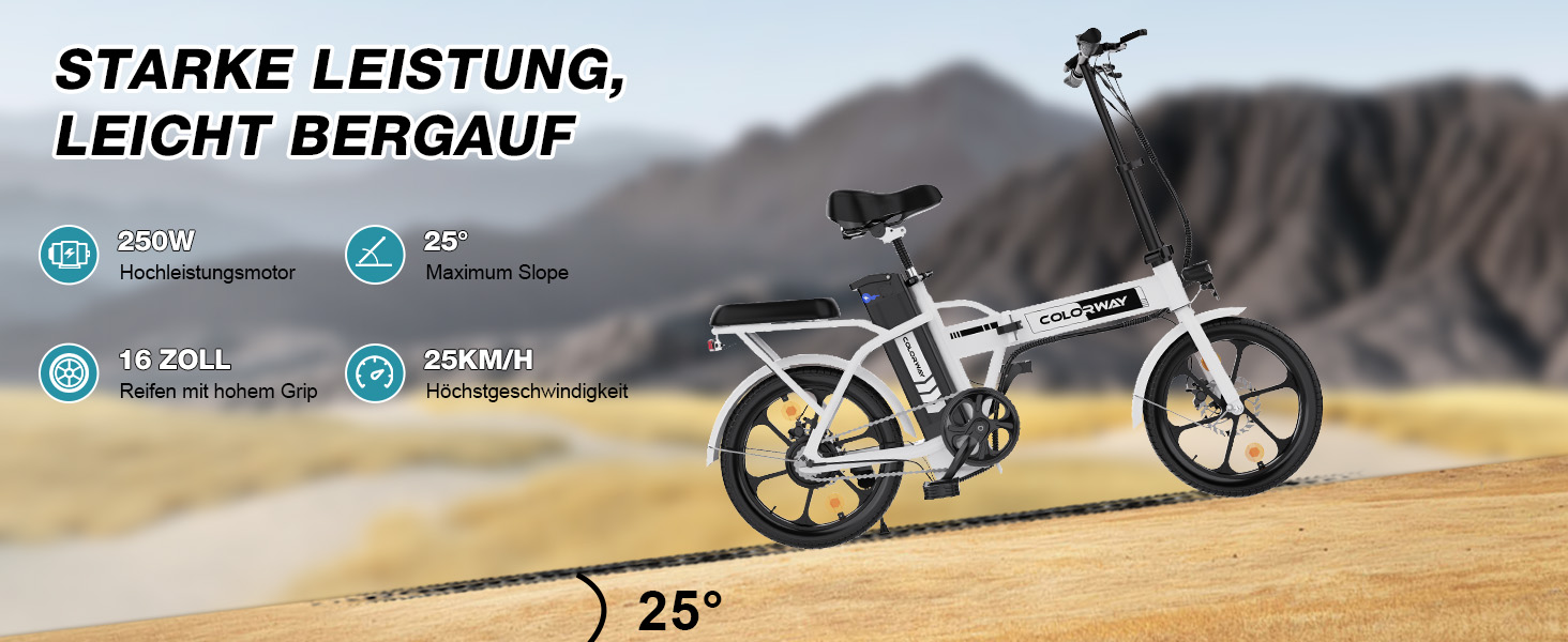Zusammenklappbares Elektrofahrrad im Profil vor Bergkulisse, mit technischen Daten in deutscher Textüberlagerung