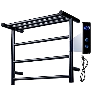 MyGift Premium Hotel Series Wall Mounted Black Stainless Steel Electric Bath Towel Warmer Rack LED