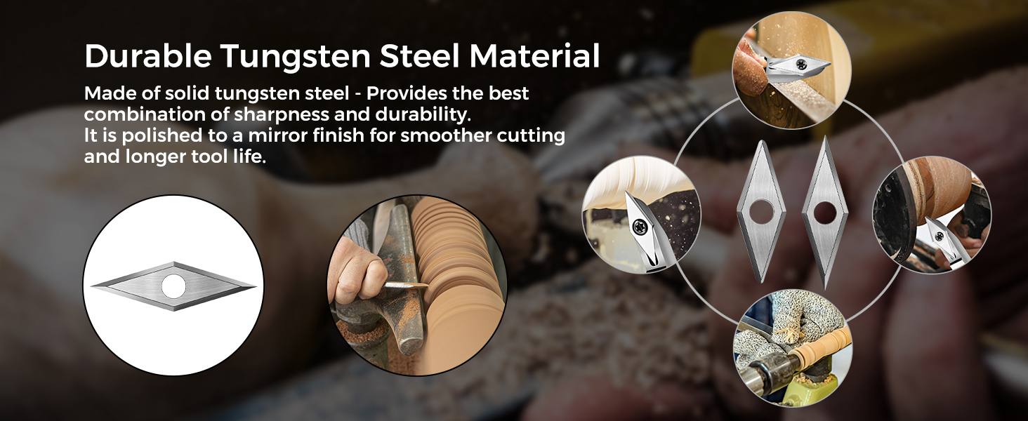 10Pcs Tungsten Carbide Cutters Set for Wood Lathe Turning Tools, Include 30x10mm Diamond Pointed Corner and Rounded Corner Diamond 5 Each, Supplied With Screws and Screwdriver 19 You will get 2 different sizes of tungsten cutters inserts
