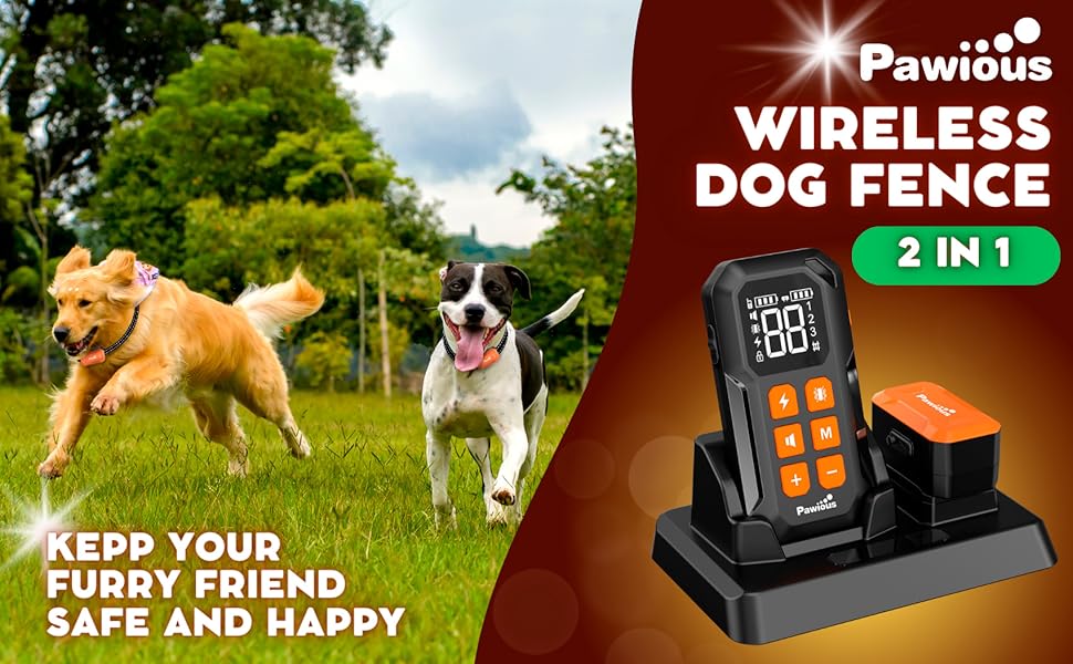 Pawious Wireless Dog Fence, 2in1 Electric Fence System & Dog Training Collar with