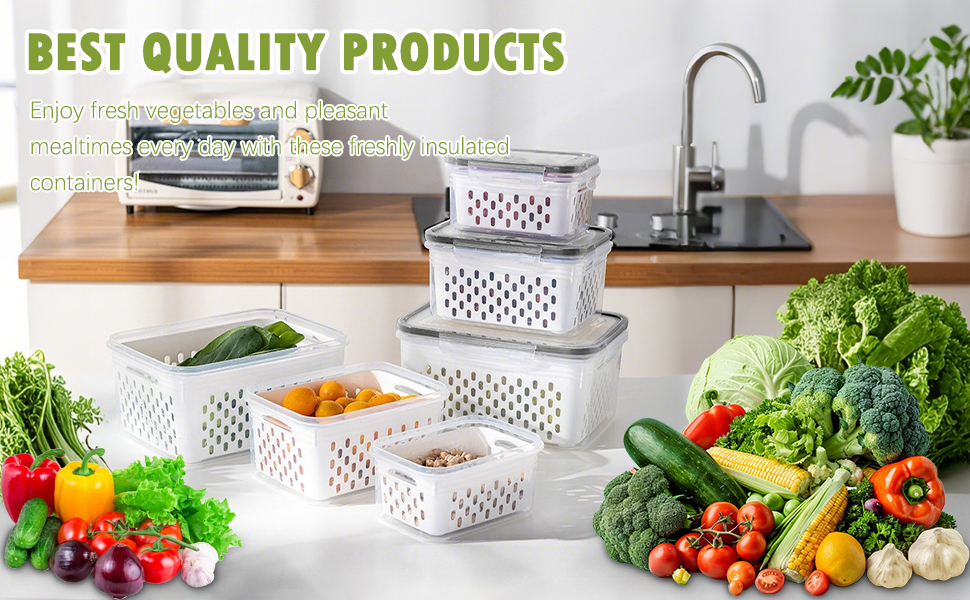 Kitchen scene with white perforated storage containers, various fresh vegetables, and kitchen appliances on wooden countertop. Text promotes 'BEST QUALITY PRODUCTS' for food storage and meal preparation.